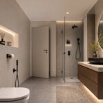 Modernes Badezimmer – Doppelhaushälfte Hamburg Wohldorf-Ohlstedt Visualisierung eines modernen Badezimmers der projektierten Doppelhaushälfte in Hamburg-Wohldorf-Ohlstedt