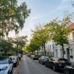 Baumbestandene Wohnstraße mit parkenden Autos und Mehrfamilienhäusern